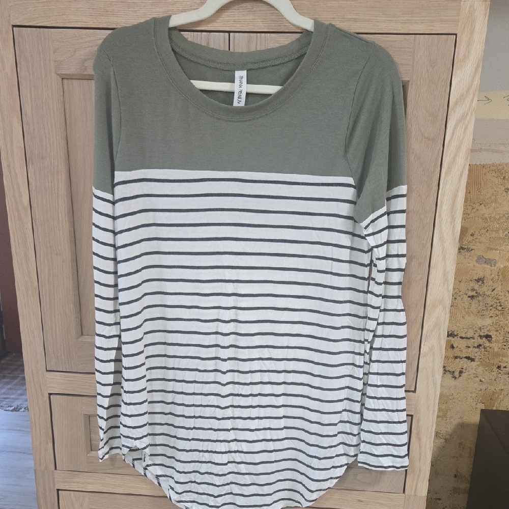 Zenana Outfitters Sage and White Striped Long Sleeve Top